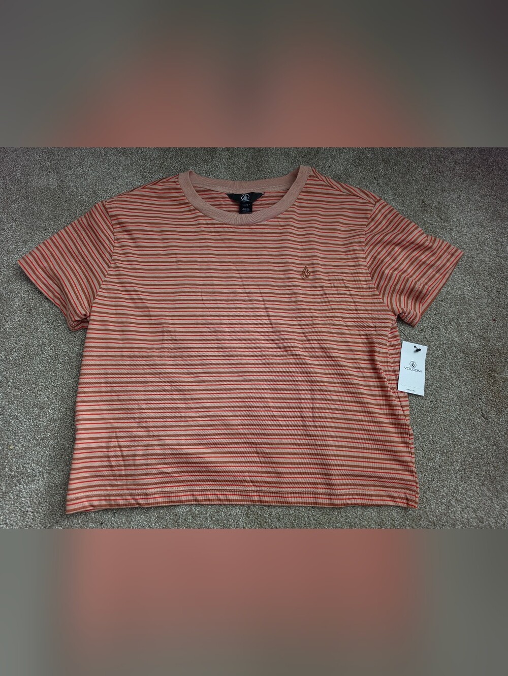 Volcom Men’s Peach and Coral Striped Crew T-Shirt